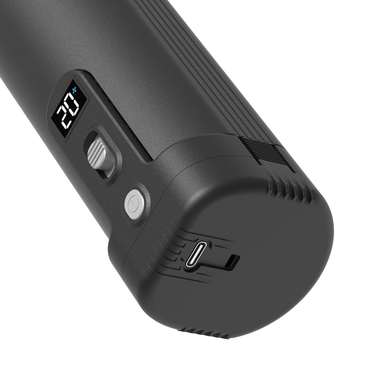 Grauer Handstaubsauger und Föhn mit USB-C Anschluss an der Unterseite