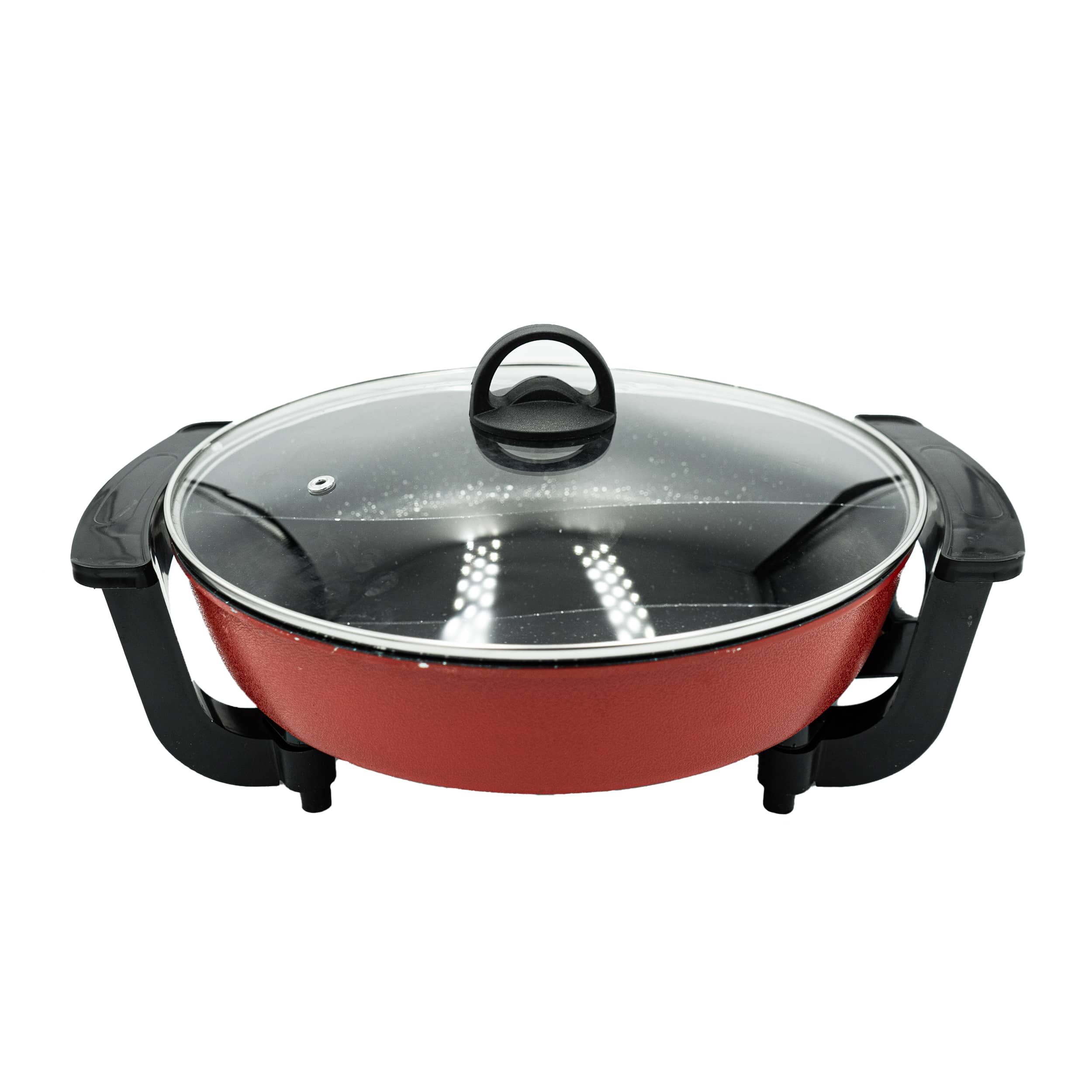 Roter Hotpot mit schwarzen Griffen und einem Glasdeckel