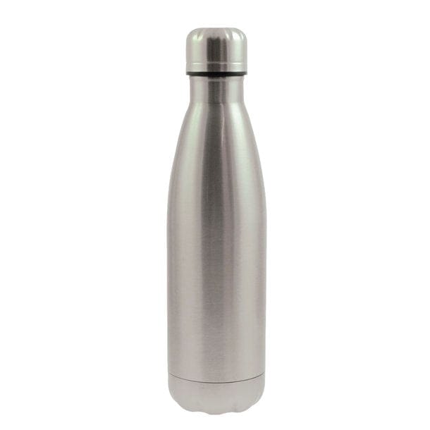 Silberne, glänzende Thermoflasche mit silbernem Deckel