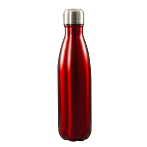 Rote, glänzende Thermoflasche mit silbernem Deckel