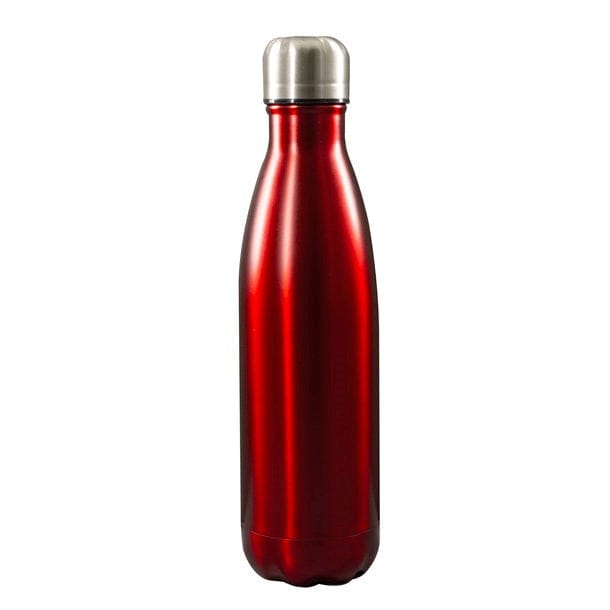 Rote, glänzende Thermoflasche mit silbernem Deckel