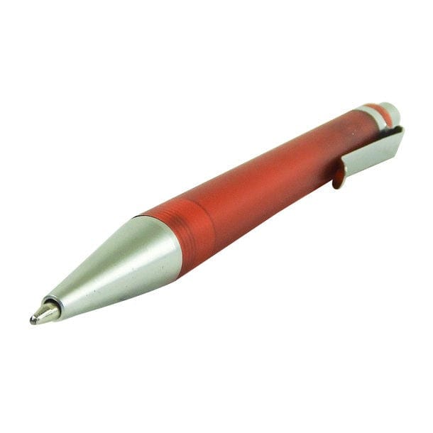 Roter Kugelschreiber mit silbernen Details schräg von vorne