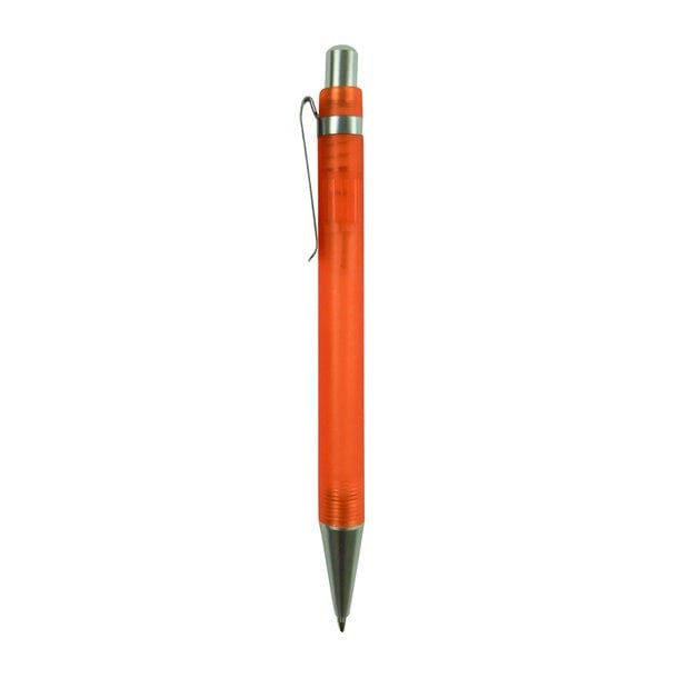Orangener Kugelschreiber mit silbernen Details von der Seite