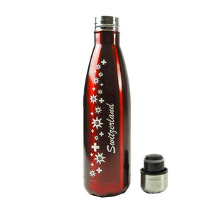 Rote, glänzende Thermoflasche mit silbernem Deckel entfernt und Schweizerwappen Design