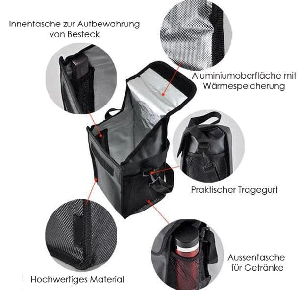 Schwarzer, geöffneter Tragebeutel mit Produktdetails