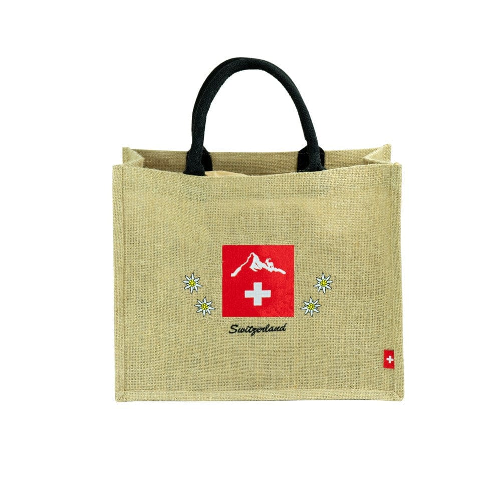 Swiss Ethno Jute-Einkaufstasche – Matterhorn, Steinbock & Schweizerkreuz