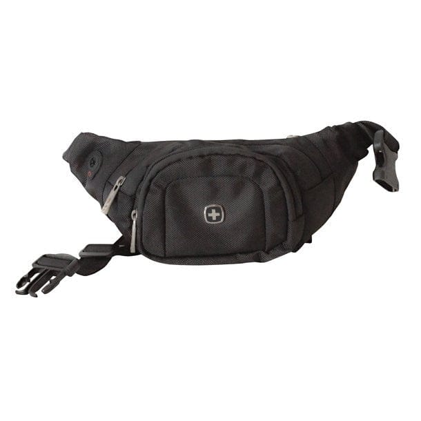 Schwarze Bauchtasche mit Schweizerwappen Design, zwei Fächern und verstellbarem Gurt