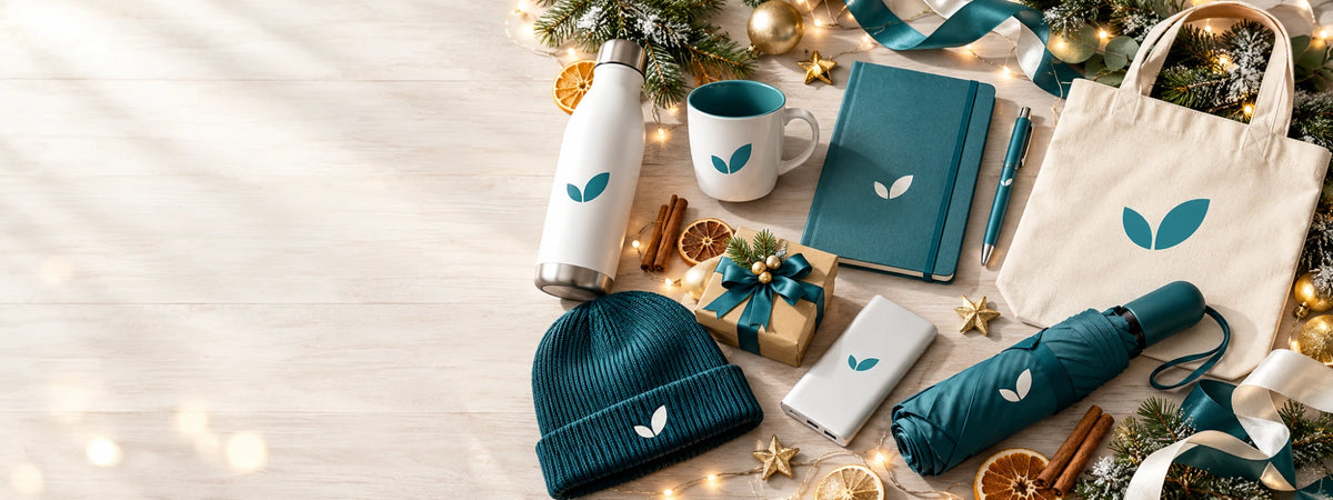 Werbeartikel mit Logo als Weihnachtsgeschenke: Trinkflasche, Tasse, Notizbuch, Mütze, Powerbank, Schirm und Tasche